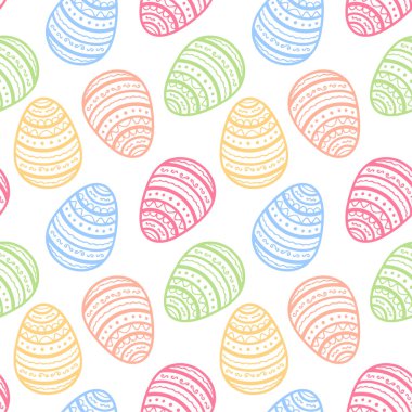 Mutlu Paskalyalar için kusursuz bir geçmiş. Beyaz arkaplanlı dekoratif Paskalya yumurtaları. Vektör illüstrasyonu