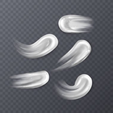 Krema lekeleri. Beyaz kozmetik losyon izole edilmiş damlalar, cilt bakımı kremi, kozmetik nemlendirici küme, vektör illüstrasyon.