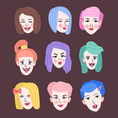 Bir grup genç kadın karakter. Çizgi film tarzı insan ikonları. İzole çizgi film kızları avatarları. Düz çizgi film illüstrasyonları uluslararası kadınlar, vektör kadınlar