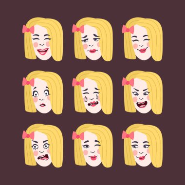 Bir dizi kadının duyguları. Yüz ifadesi. Kız Avatar, düz tasarım illüstrasyon, vektör biçimi