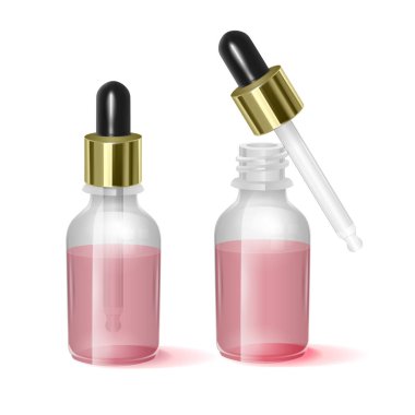 Pipet, gerçekçi illüstrasyon ve vektör biçimi ile gerçekçi bir cam şişe içinde gül yağı