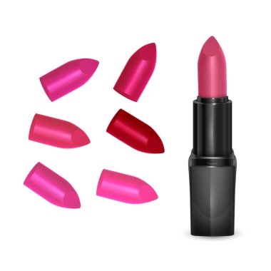 Renkli ruj seti. Kırmızı ruj, pembe ruj, beyaz arka planda izole edilmiş gerçekçi ruj, vektör illüstrasyonu.