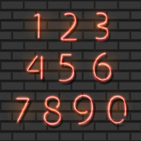 Neon red city font numbers set on a brick background. Ilustração vetorial — Vetor de Stock