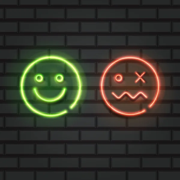 Set di emoticon con sorriso al neon isolate su sfondo nero. Sorrisi felici e infelici, set Emoji. Colore verde e rosso. Illustrazione vettoriale — Vettoriale Stock