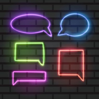 Dekorasyon için Konuşma Kabarcığı logosunun izole edilmiş neon işareti ve duvar arkaplanı, Vektör illüstrasyonuName