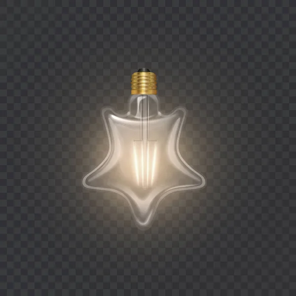 Stjärnformad glödlampa i retrostil på mörkt substrat, glödande glödlampa i realistisk stil Vektorillustration — Stock vektor