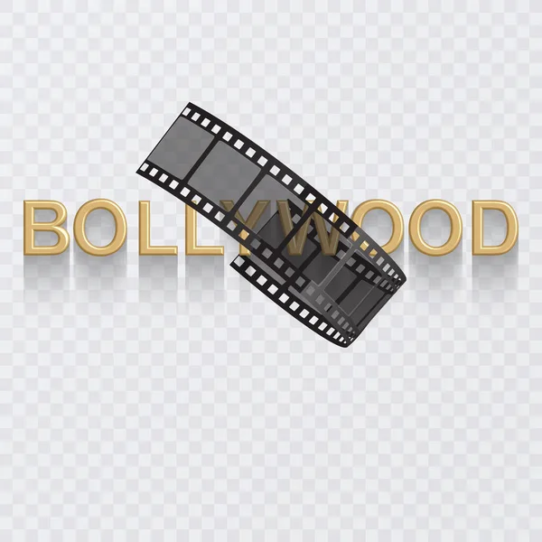 Modelo de design de cartaz de cinema. 3d texto dourado de Bollywood decorado com filmstrip sobre fundo branco — Vetor de Stock