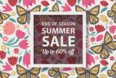 Yaz indirimi afiş şablonu, yaz indirimi reklamınız için parlak arka plan, Vektör illüstrasyonu