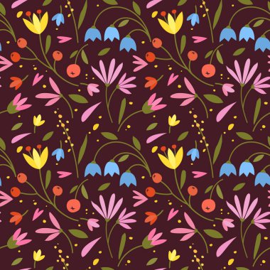 Rengarenk küçük çiçekleri olan hoş, pürüzsüz bir desen. Koyu arkaplanda küçük çiçekler, Vektör çizimleri