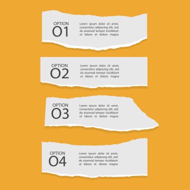 Sayılar ve metin içeren yırtık kağıtların dört bilgi grafiği, turuncu arkaplan üzerindeki pankart, vektör biçimi