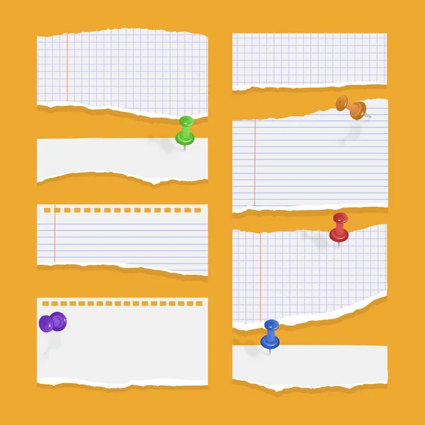 ホワイトカラーの引き裂かれた紙シート、オレンジの背景のノートブックペーパーのセット。ベクターイラスト — ストックベクタ