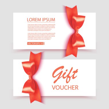 Kırmızı fiyonklu fiş şablonu, kurdeleler. Hediye kuponu, kupon, davetiye, sertifika vesaire için kullanılabilir tasarım. Vektör 10 illüstrasyon istiyor