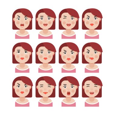 Kadın duyguları seti. Yüz ifadesi. Kız Avatar, düz tasarım illüstrasyon