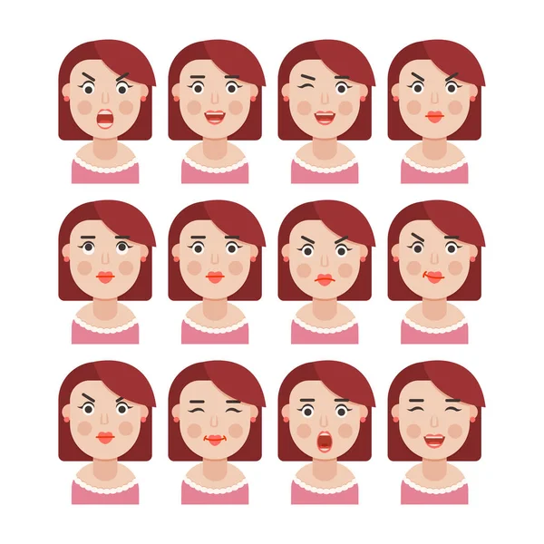 Набор женских эмоций. Выражение лица. Девушка Аватар, иллюстрация в плоском дизайне — стоковый вектор
