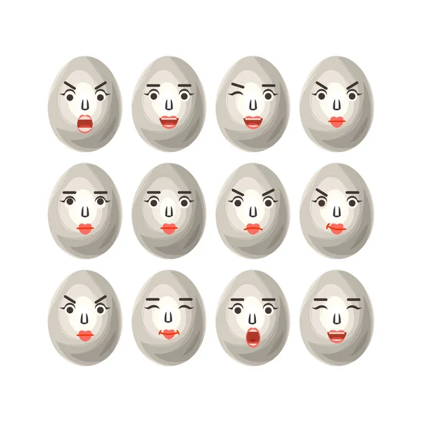 Le uova in stile cartone animato con emozioni diverse, L'immagine di uova divertenti su sfondo bianco — Vettoriale Stock