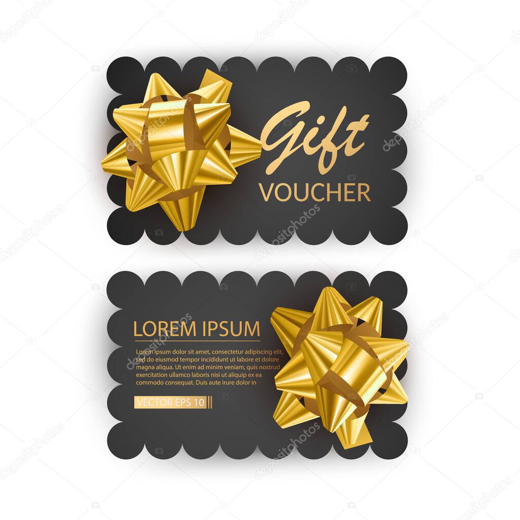 Set of Gift Voucher Card Template, Advertising or Sale. template with realistic golden bow illustration, vector eps 10