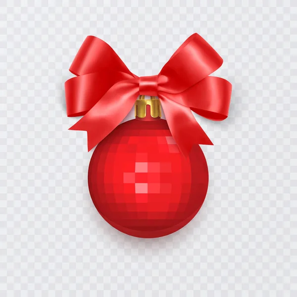 Pallone rosso di Natale con fiocco. Decorazione di Capodanno isolato su sfondo bianco, Illustrazione vettoriale — Vettoriale Stock