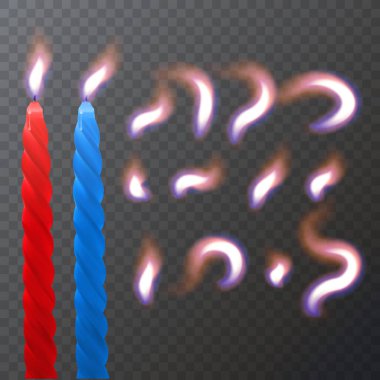 Gerçekçi parafin ya da mum yakma ve mum alevi, şeffaflık arka planında izole edilmiş yakın plan. Tasarım şablonu, Vektör illüstrasyonu