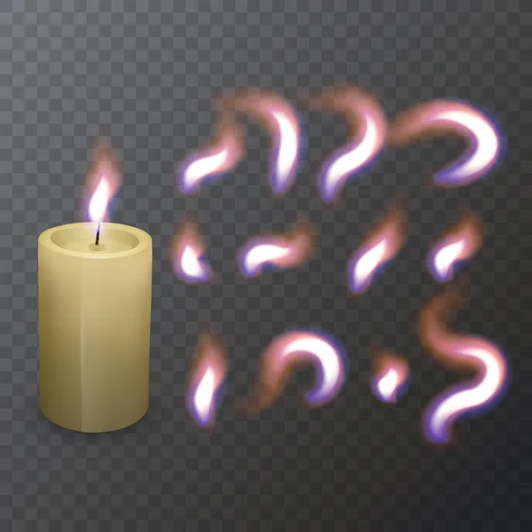 Realistický parafín nebo vosk hořící svíčka a jiný plamen svíčky, detailní izolované na průhledném pozadí. Šablona návrhu, vektorová ilustrace — Stockový vektor
