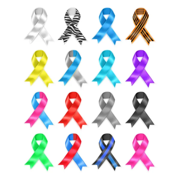 Symbolic ribbons - set of ribbons - prostate cancer Alzheimers Down syndrome breast cancer all cancers leukemia, vector format — Stock Vector