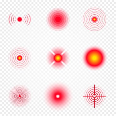 Acı yerelleştirme noktası, acının soyut sembolleri. Kırmızı daireler insan acısını işaretlemek için. Baş ağrısı, yaralanmış vücut parçası işareti, kas eklem ağrısı vs. Vektör