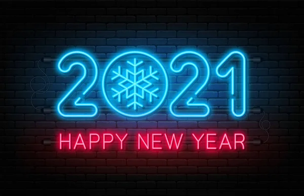 Happy New Year 2021 New Year Christmas Decoration Neon Signboard — Stock Vector