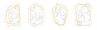Sanat deco tarzında mermer desenli altın geometrik çerçeveler. Düğün davetiyeleri ve düğün kartları için lüks altın çerçeveler ve sınırlar. Soyut geometrik şekiller. Vektör