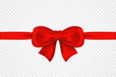 Kırmızı saten fiyonk ve şeffaf arka planda izole edilmiş yatay kurdele. Tebrik kartı, hediye kutusu ve diğer şenlikli süslemeler için lüks kırmızı fiyonk. Kurdeleli gerçekçi kırmızı fiyonk. Vektör