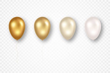 Şeffaf arka planda izole edilmiş kurdeleli altın uçan balonlar. Mutlu yıllar, parti, düğün töreni, yıldönümü kutlaması. Farklı tonlarda parlak ve parlak balonlar. Vektör
