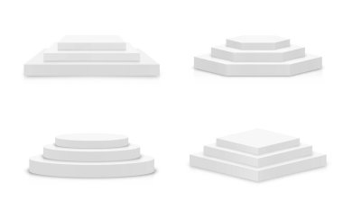 Beyaz 3D podyum, farklı şekillerde. Beyaz arkaplanda izole edilmiş boş sahne veya kaide modelleri. Ödül töreni ve ürün sunumu için podyum veya platform. Vektör