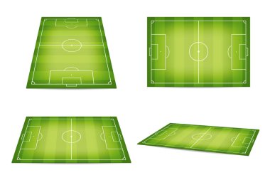 Futbol sahası, futbol sahası. İzometrik ve üst görüntüdeki futbol sahaları. Beyazların arka planında izole edilmiş futbol sahası ya da futbol sahası. Vektör