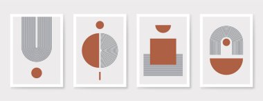 Geometrik şekilleri, çizgileri ve organik kompozisyonu olan soyut sanat posteri. İskandinav ve Boho tarzı poster, modaya uygun iç tasarım. Minimalist soyut sanat. Vektör