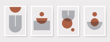 Geometrik şekilleri, çizgileri ve organik kompozisyonu olan soyut sanat posteri. İskandinav ve Boho tarzı poster, modaya uygun iç tasarım. Minimalist soyut sanat. Vektör