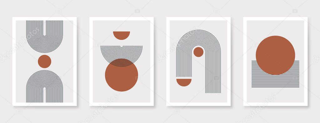 Abstract art poster with geometric shapes, lines and organic composition. Scandinavian and Boho style poster, trendy interior poster design. Minimalist abstract art. Vector