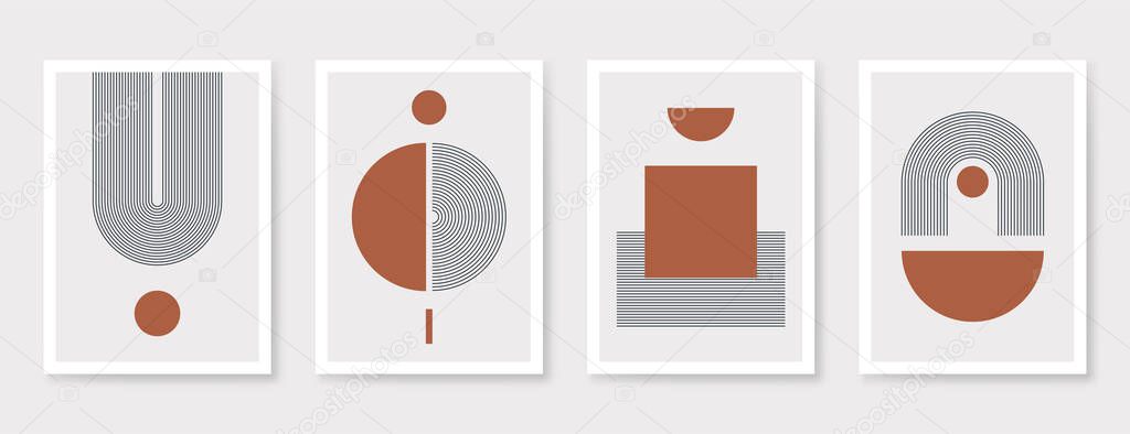 Abstract art poster with geometric shapes, lines and organic composition. Scandinavian and Boho style poster, trendy interior poster design. Minimalist abstract art. Vector