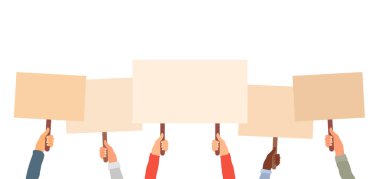 Protesto, grev ve barışçıl gösteri. İnsanlar ellerinde posterler ve afişler tutuyor. Boş afiş ve afiş tutarak el kaldırın. İtiraz et ve arka plana saldır. Vektör