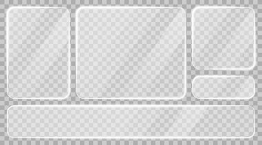 Cam çerçeve koleksiyonu. Kenarları, parıltısı, ışık yansımaları ve şeffaf dokusu olan gerçekçi cam çerçeveler. Modern uygulamalar, gösterge panelleri ve web arayüzleri için cam morfizmi UI tasarım elementleri. Vektör