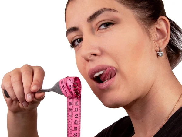 Girl Face Tape Measure Mouth Isolated White — Stock Photo, Image
