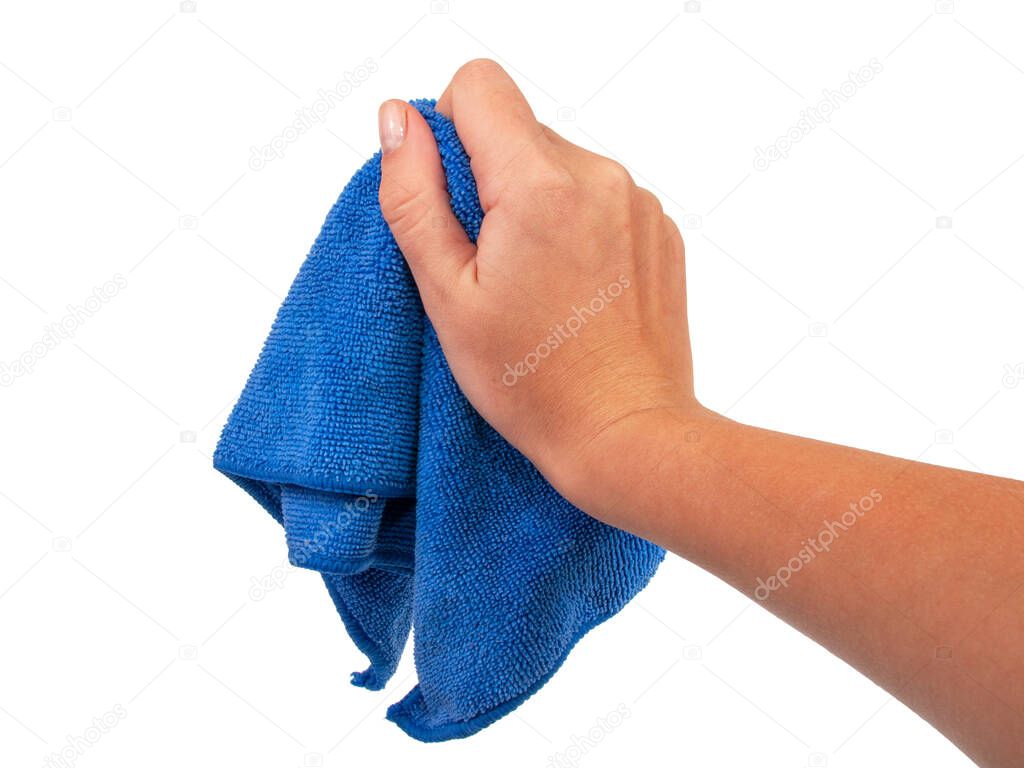Blue cleaning rag in hand isolated on the white
