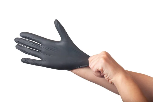 Черная Резиновая Перчатка Руке Изолированная Белом — стоковое фото