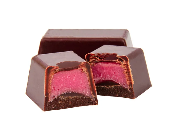 Doces Chocolate Com Recheio Morango Rosa Praline Isolado Branco — Fotografia de Stock