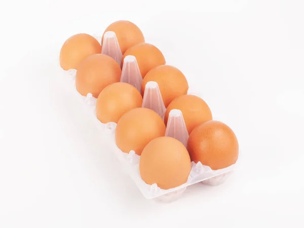 Ovos Galinha Frescos Caixa Bandeja Ovos Fundo Branco — Fotografia de Stock