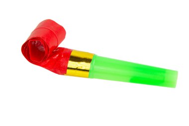 Karnaval neşeli ses çıkarıcı ya da parti düdüğü beyaz arka planda izole edilmiş.