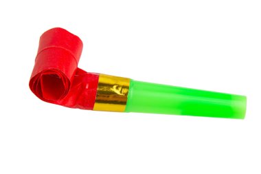 Karnaval neşeli ses çıkarıcı ya da parti düdüğü beyaz arka planda izole edilmiş.