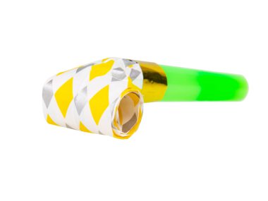 Karnaval neşeli ses çıkarıcı ya da parti düdüğü beyaz arka planda izole edilmiş.