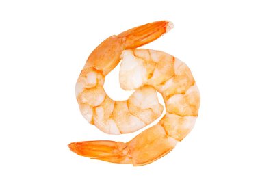 Beyaz arka planda soyulmuş iki karides.