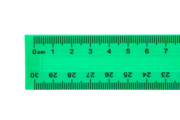 Grön Centimeter Linjal Isolerad Den Vita Bakgrunden — Stockfoto