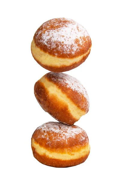 Drie Smakelijke Berliner Donuts Bal Geïsoleerd Witte Achtergrond — Stockfoto