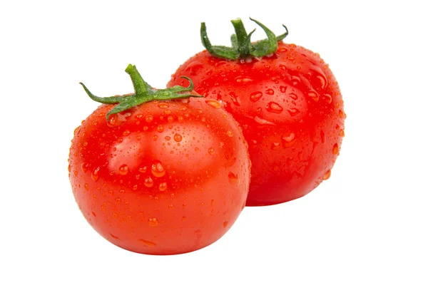 Tomates Vermelhos Frescos Com Gotas Molhadas Isoladas Fundo Branco — Fotografia de Stock