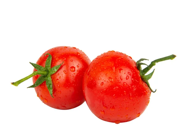 Tomates Rojos Frescos Con Gotas Húmedas Aisladas Sobre Fondo Blanco —  Fotos de Stock